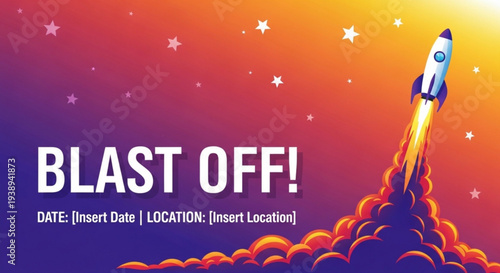 Vibrant rocket launching into starry night sky with fiery trail