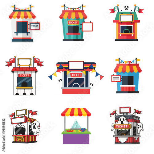 Carnival Ticket Booth and Amusement Park Kiosk Icon Set Flat Vector Illustration