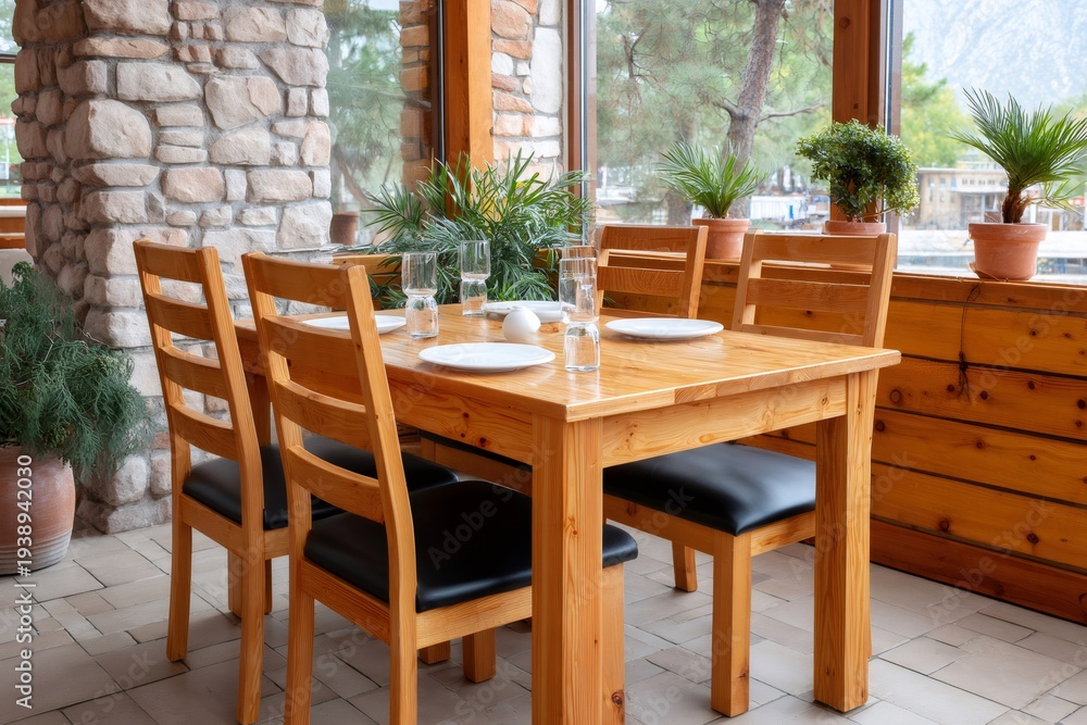 Fototapeta premium Restaurant dining table prepared for guests, cozy ambiance