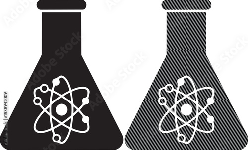 Two black flask containers showcasing radioactive or scientific symbols on their surfaces
