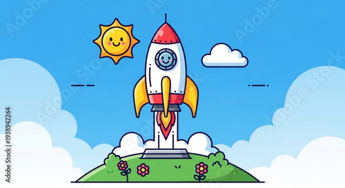 Colorful cartoon rocket launching into sunny sky with clouds