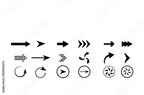 Collection of black arrow icons and circular arrow symbols on white direction right