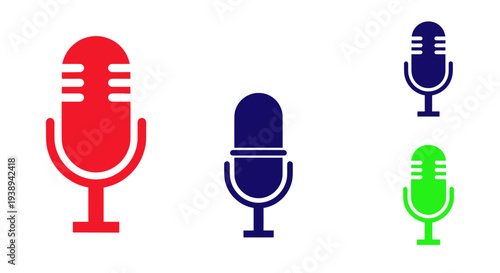 Retro Microphone Icons Set: Red, Blue, Green. Isolated on White Background.