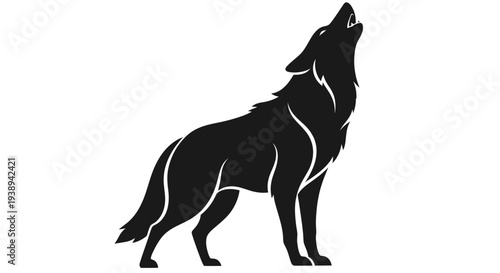 Silhouette of a wolf howling at the moon, isolated on white background