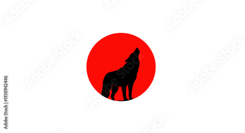 Wolf howling at red moon silhouette, minimalist design