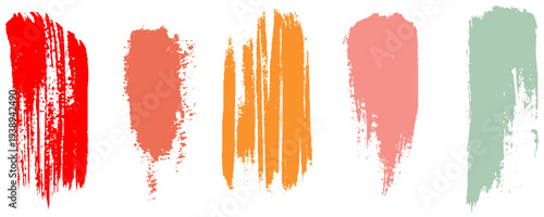 Collection of colorful vector paint brush stroke with grainy texture. Noisy thick lines, highlights and banners. Multi colored ink splatters, graffiti bold brush strokes. 