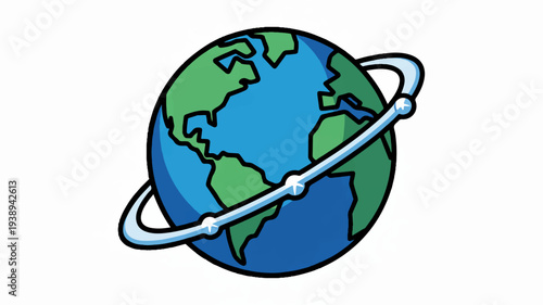Earth globe with satellite orbiting ring on white background for global communications