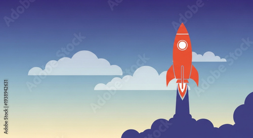 Rocket ship launching into sky with clouds and sunset background