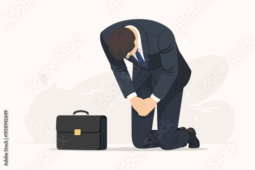 Businessman in suit kneeling and bowing deeply in sincere apology or regret, professional man asking for forgiveness after mistake, dogeza pose, corporate failure, sorry gesture, vector art