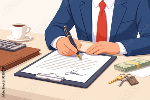Businessman in Blue Suit Signing Contract Agreement on Clipboard with Cash, Keys, Calculator, and Coffee on Desk for Banking Loan, Mortgage, Real Estate Deal, or Government Policy Document