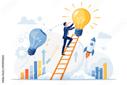 Businessman on ladder replacing old dim lightbulb with bright glowing new one, metaphor for business innovation transformation disruption and creative solution for growth and success.