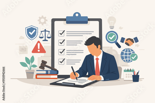 Businessman or Lawyer Signing Ethical Policy and Code of Conduct Document for Corporate Compliance, Legal Regulations, Business Standards, Work Responsibility, and Professional Guidelines Concept