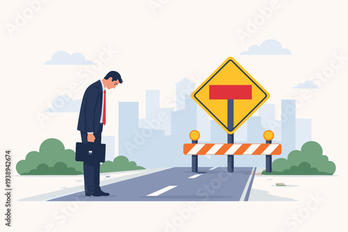 Businessman standing before a road barrier and dead end sign, feeling discouraged about his career path, professional failure, business obstacle, lack of progress, and job struggle illustration.