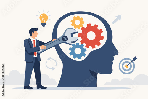Change Mindset and Attitude Concept with Businessman Adjusting Gears in Human Head Silhouette for Psychology, Brain Training, Personal Growth, Mentorship, Coaching, and Business Success Strategy