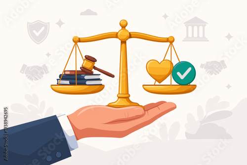 Businessman hand holding golden scales of justice balancing law books and gavel against a heart and checkmark, symbolizing corporate governance, ethical integrity, honesty, and moral fairness.
