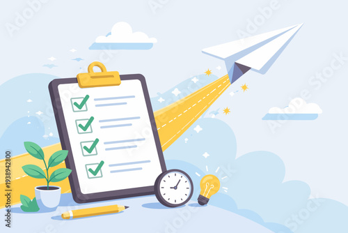 Business productivity and efficiency concept with completed tasks on a checklist. Working plan achievement with paper plane flying high, clock for time management, and lightbulb for new ideas.