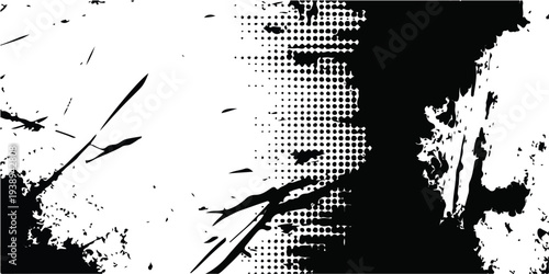 Grunge black ink splat illustration featuring a dirty paint splash texture with a spray halftone pattern and dripping liquid drops on a silhouette vector background