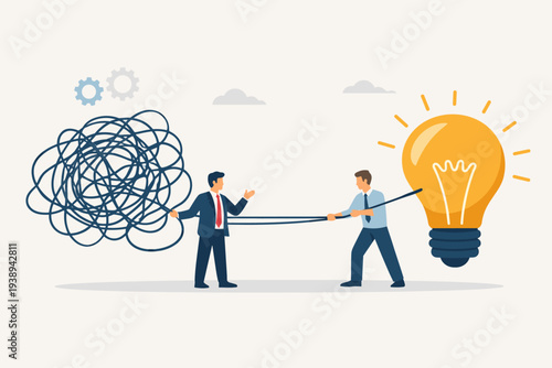 Businessmen simplifying complex problems into clear ideas. Proactive and reactive thinking concept with chaos and order theory. Light bulb representing innovation, insight and creative solutions.