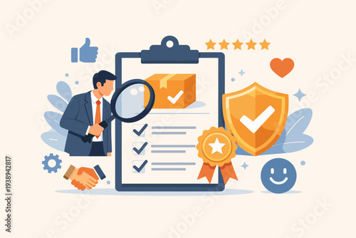 Quality Assurance and Quality Control Concept with Businessman Inspecting Product Package on Checklist Clipboard for Customer Trust, Guarantee, High Standards, and Service Excellence Vector