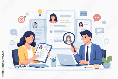 HR Professionals Reviewing Candidate Resumes and CVs for Job Recruitment. Talent Acquisition Team Examining Applicant Profiles with Magnifying Glass and Laptop. Modern Vector Illustration.