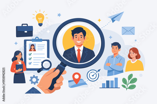 Recruitment and human resources concept with a magnifying glass focusing on a male candidate for a job vacancy. HR team analyzing applicants, resume checklist, and talent acquisition process.