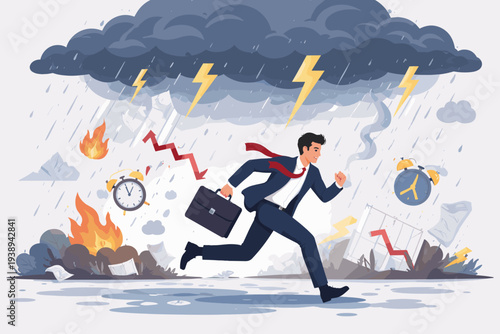 Businessman Running Away from Business Crisis, Bankruptcy, and Failure, Escaping Stormy Clouds, Lightning, Fire, and Falling Market Arrows in a Catastrophic Corporate Disaster Situation Vector.