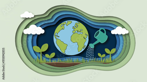 Earth with green plants and watering can in eco friendly environment with clouds