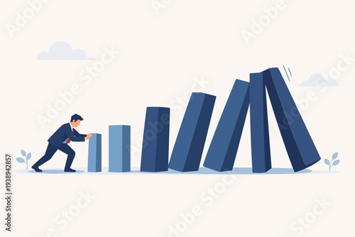 Businessman Pushing Small Block to Start Domino Effect of Increasing Size, Concept of Small Habits Leading to Big Results, Productivity, Growth, and Success in Business Vector Illustration Design.
