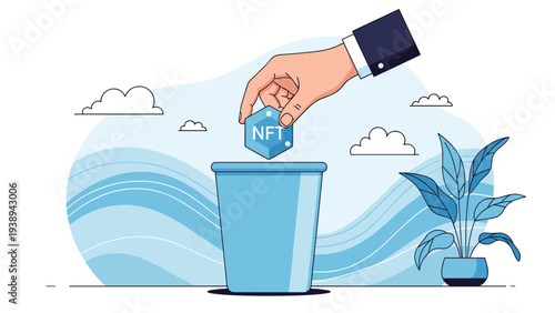 Human hand in a business suit throwing a blue NFT icon into a trash can representing the decline or rejection of digital collectible assets.