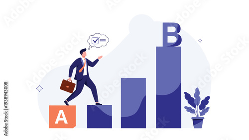 Confident businessman carrying a briefcase and climbing up stairs representing growth from stage A to stage B to achieve professional success.