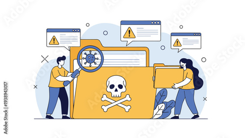 Man and woman using a magnifying glass to inspect a large yellow folder with a skull and crossbones icon representing data security threats.