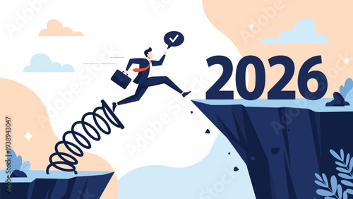 Ambitious businessman using a spring to jump over a cliff gap toward the year 2026 representing future goals and business planning for the year.