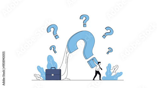 Businessman carrying a huge blue question mark on his back while several other question marks float in the air representing heavy doubt and burden.