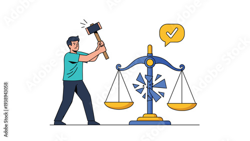 Angry man swinging a heavy sledgehammer to break a blue and gold scale of justice representing law failure or unfairness in the legal system.