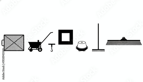 Collection of cleaning and construction equipment including a wheelbarrow, broom, mop, and shovel, presented in a simple graphic illustration style