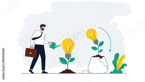 Professional man in a white shirt watering two plants that have glowing light bulbs instead of flowers to symbolize growing new business ideas.