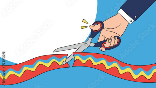 Hand of a businessman using large scissors to cut a red ribbon during an opening ceremony to celebrate a new beginning or project launch.