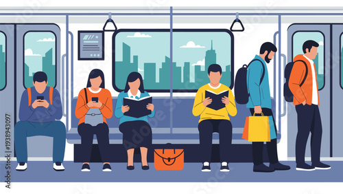 Group of diverse people commuting on a subway train with some reading books and others using their smartphones while standing and sitting down.
