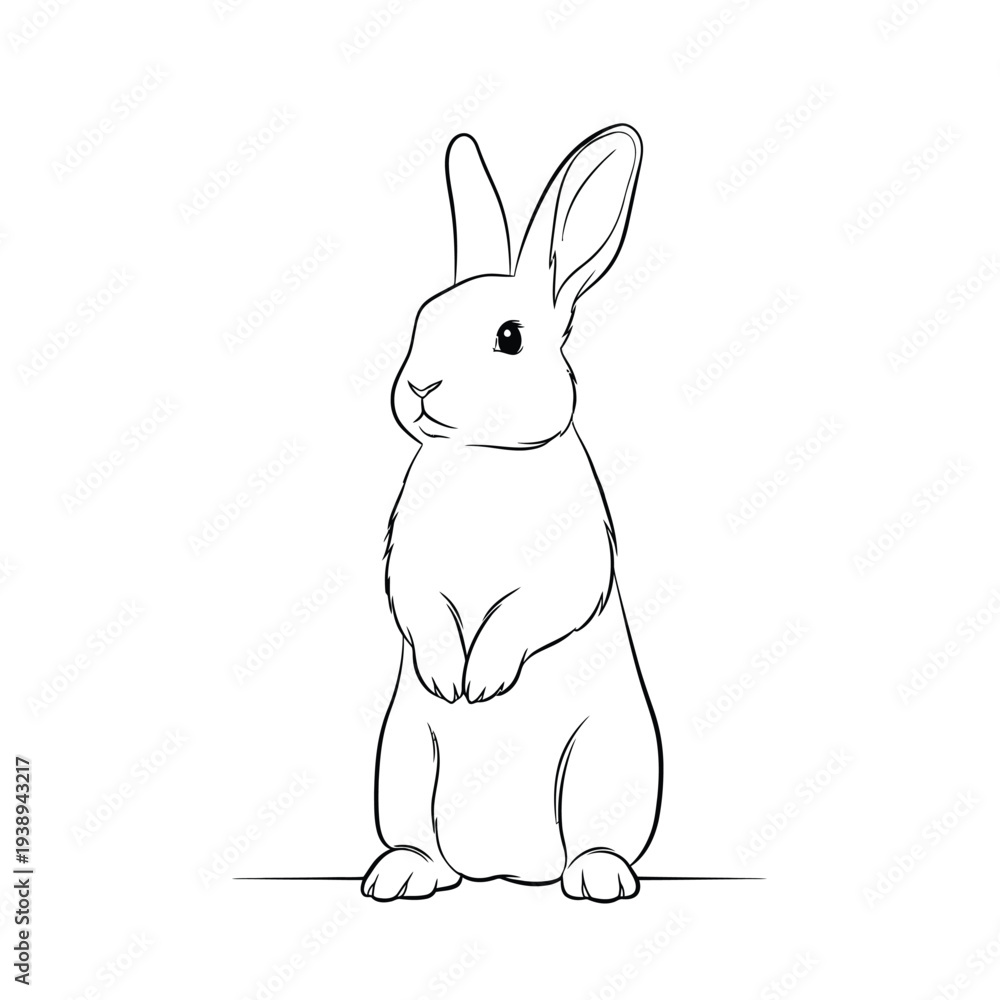Obraz premium Cute rabbit standing on hind legs black and white line art drawing.