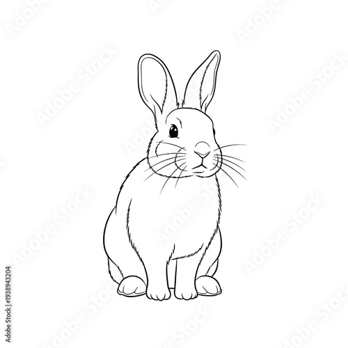 Cute rabbit sitting and looking forward black and white outline drawing.