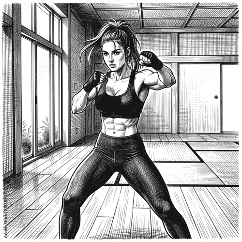 Dynamic female boxer striking pose monochrome vector illustration. Transparent background SVG version.	