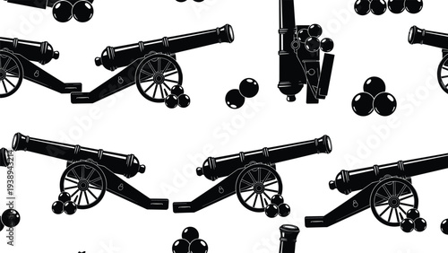 Seamless background pattern of antique black cannons and stacks of cannonballs on a white background representing military history and warfare.