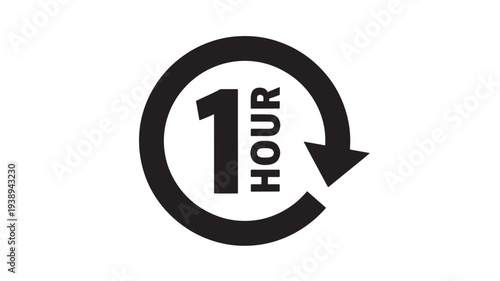 Circle icon with number 1 and word HOUR and a circular arrow indicating one hour time limit or speed delivery.