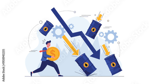 Worried businessman carrying a large gold coin and running away from falling oil barrels and a sharp downward trending blue arrow graph.