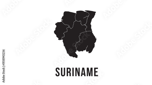 Map silhouette of Suriname country with its internal borders in black and white, presented on a clean background.