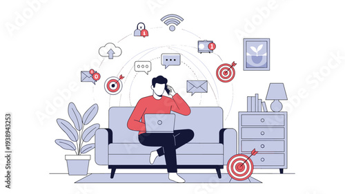 Man sitting on a sofa and working on a laptop while talking on a phone surrounded by digital communication and marketing target icons.
