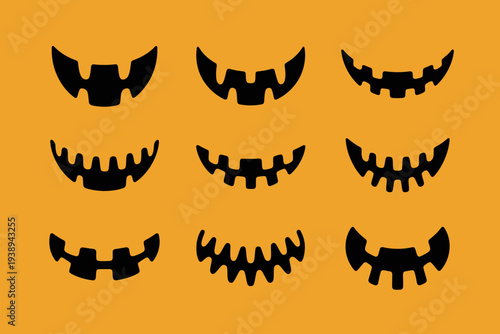 A Collection of Spooky Jack-o'-Lantern Mouths on an Orange Background