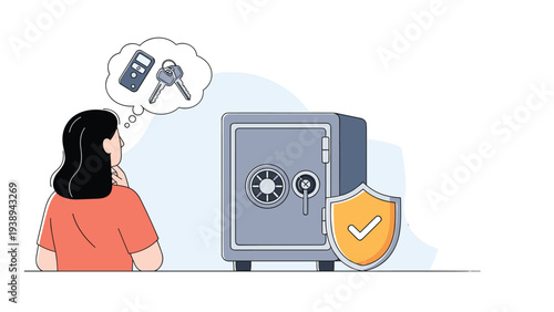 Woman looking at a closed metal safe and thinking about keys and a remote control representing the importance of security and data protection.
