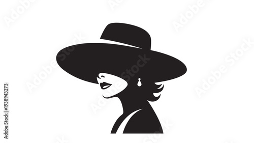 Woman's profile silhouette wearing a wide-brimmed hat and earring, depicted in bold black lines on a white background.