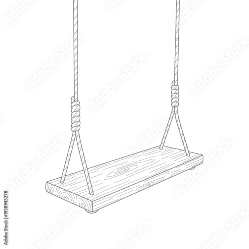 Handdrawn illustration of a wooden swing hanging by ropes simple line art.